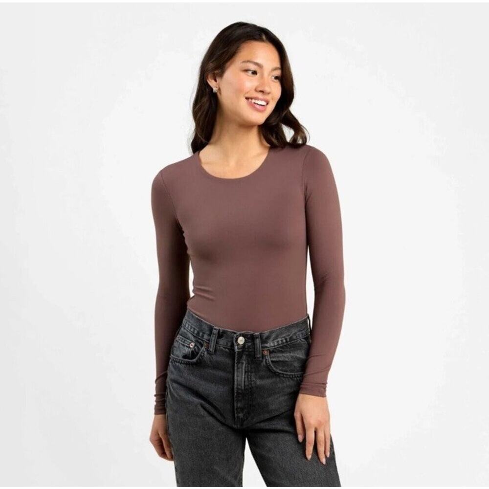 Nuuds Bodysuit Women's Size Small Coffee Brown Long Sleeve Crew Neck Thong Style